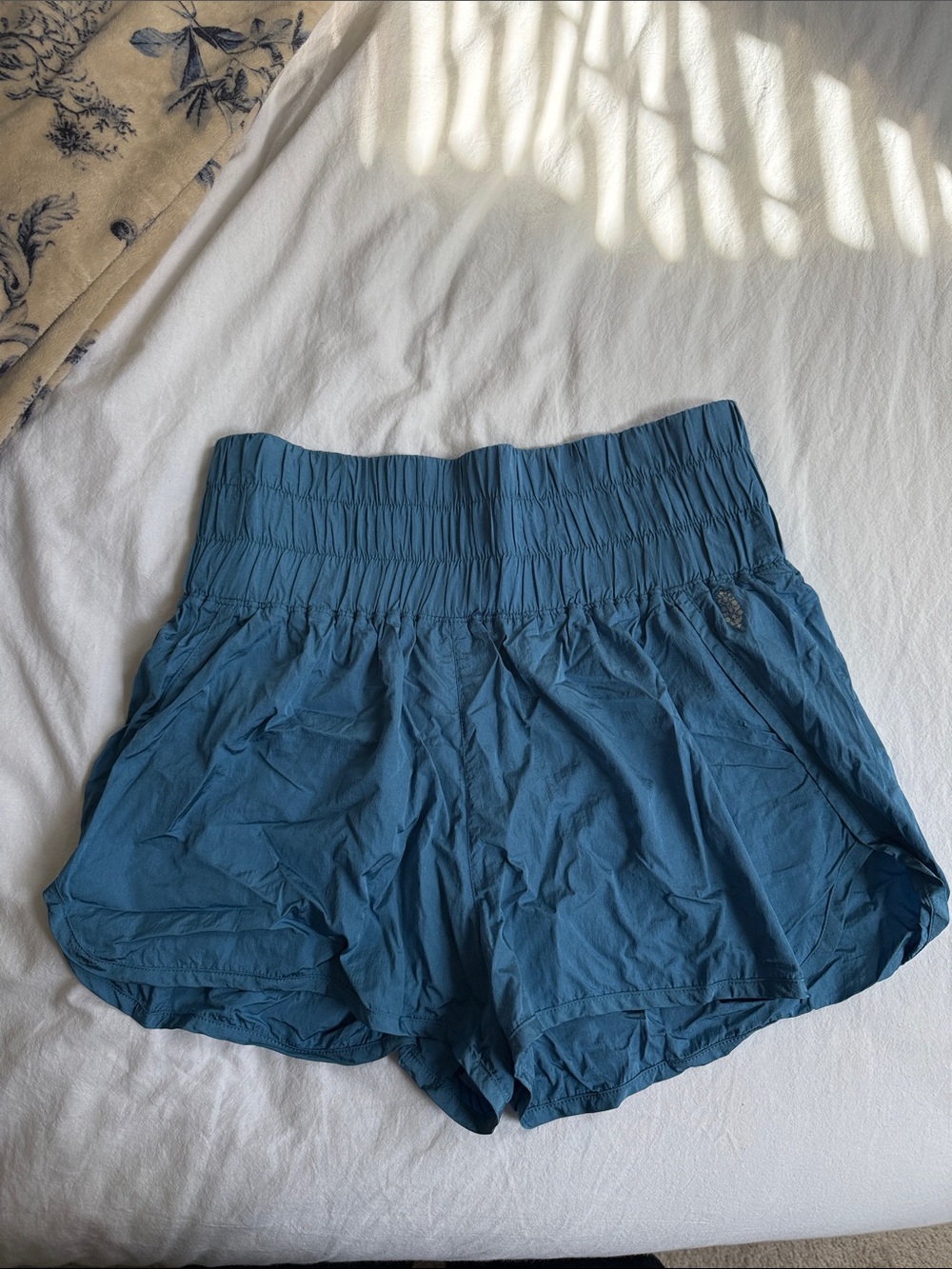 FP Movement by Free People The Way Home Teal Blue Smocked Waist Athletic Shorts